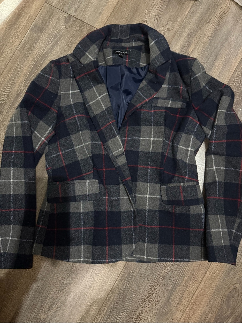 Plaid Navy and Gray Tailored Blazer with Red Windowpane
